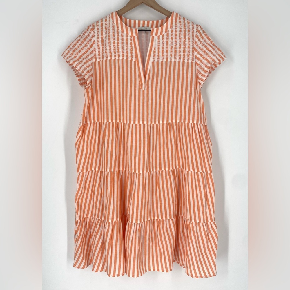 Tyler Boe Orange Striped Tiered Linen Blend Dress
